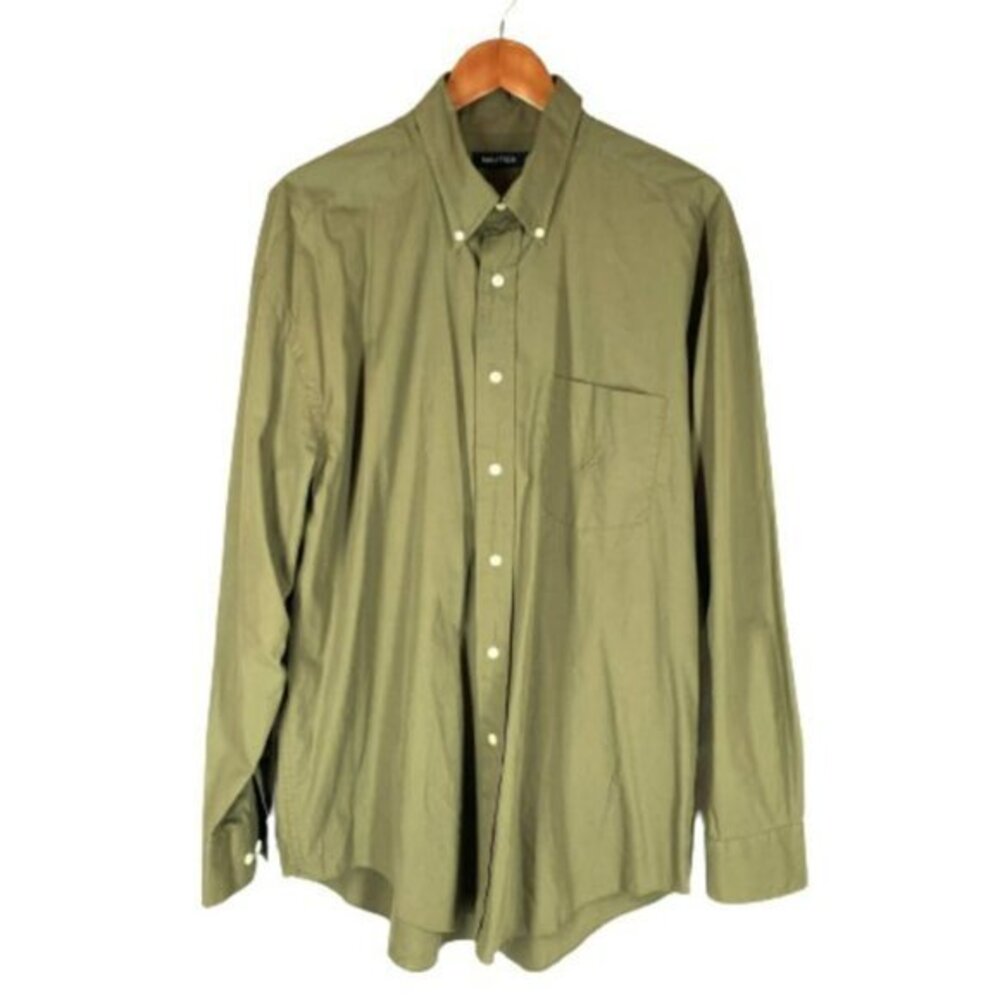 Nautica Mens Shirt XL Olive Army Green Solid Cotton Button Down Collar Pocket
